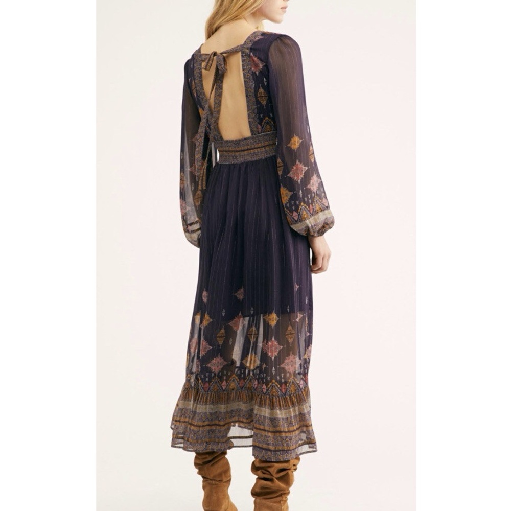 Rare Free People Wishing Well Metallic Lurex Boho Printed Midi Dress Small - Picture 4 of 10